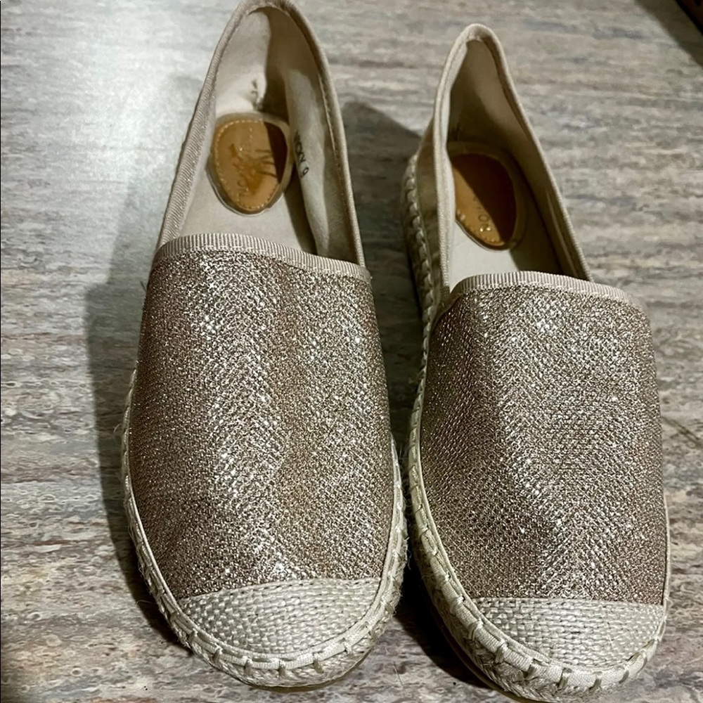 NU Ninety Union Vicky slip on gold espadrille shoes